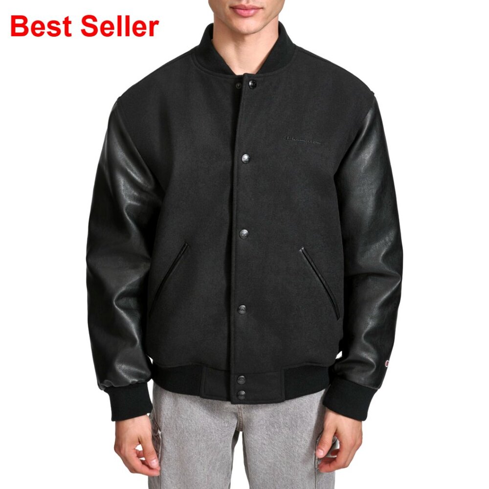 Varsity Bomber Jacket With Faux Leather Sleeves And Quilted Lining
